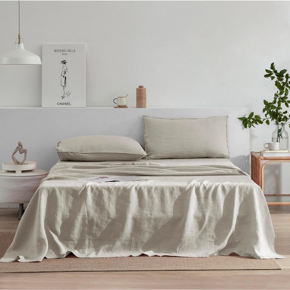 Everly King Flat Sheet 100% French Linen Oatmeal Beige OEKO-TEX Neutral Luxury
